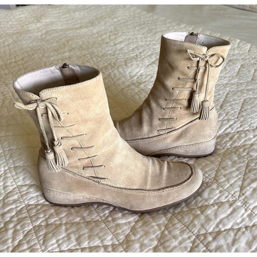 Minelli Suede Low Heel wedge tassel round point western ankle Boots Size 38